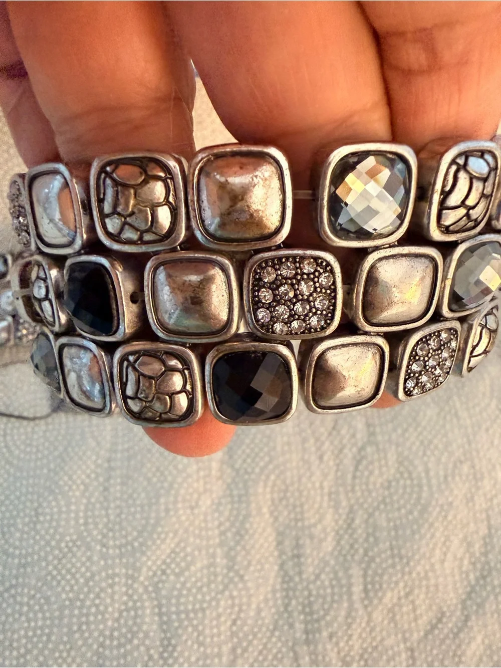 Chico's Silver-Tone Multi-Panel Stretch Bracelet with Black Accents